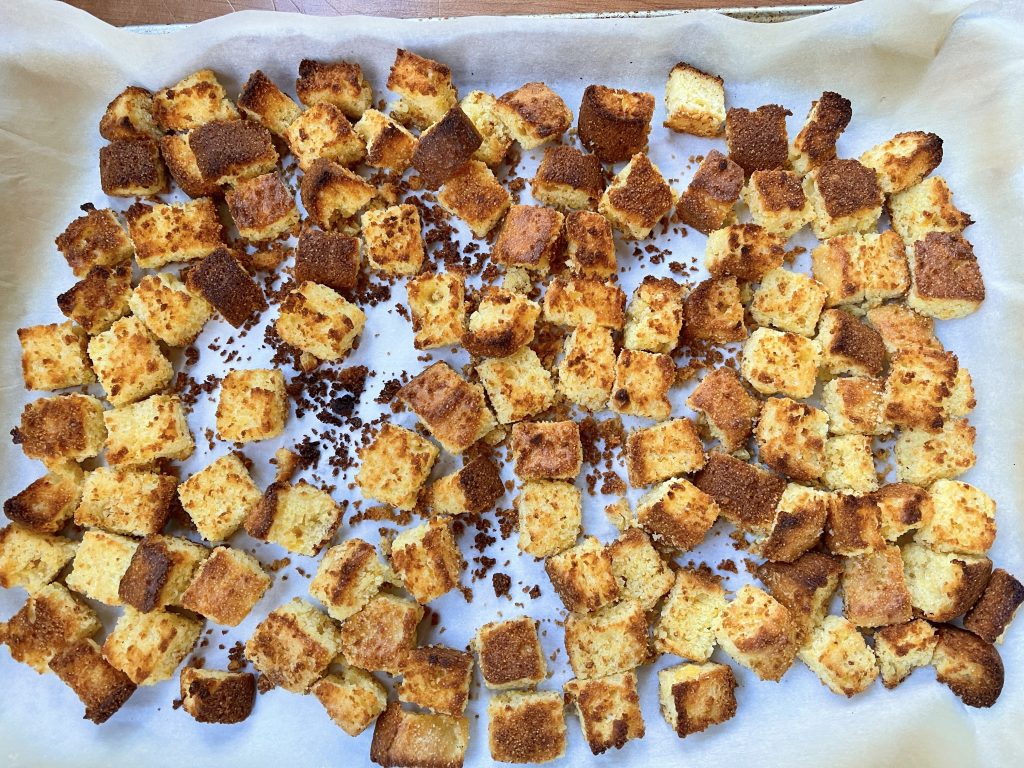 Toast cubes for 10 mins or until toasted at 325 degrees. Don't over-toast. 