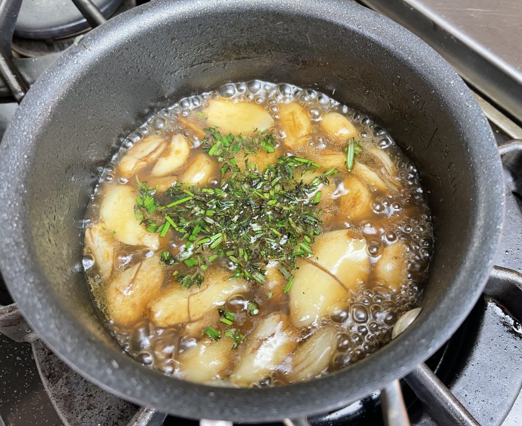 add maple syrup and fresh herbs and cooked until liquid is reduced and syrupy