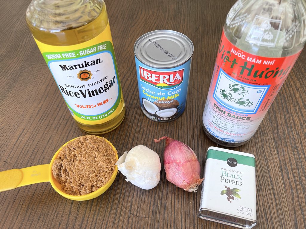 Sauce Ingredients - Coconut milk, fish sauce, rice wine vinegar, brown sugar, garlic, shallot, and white or black pepper