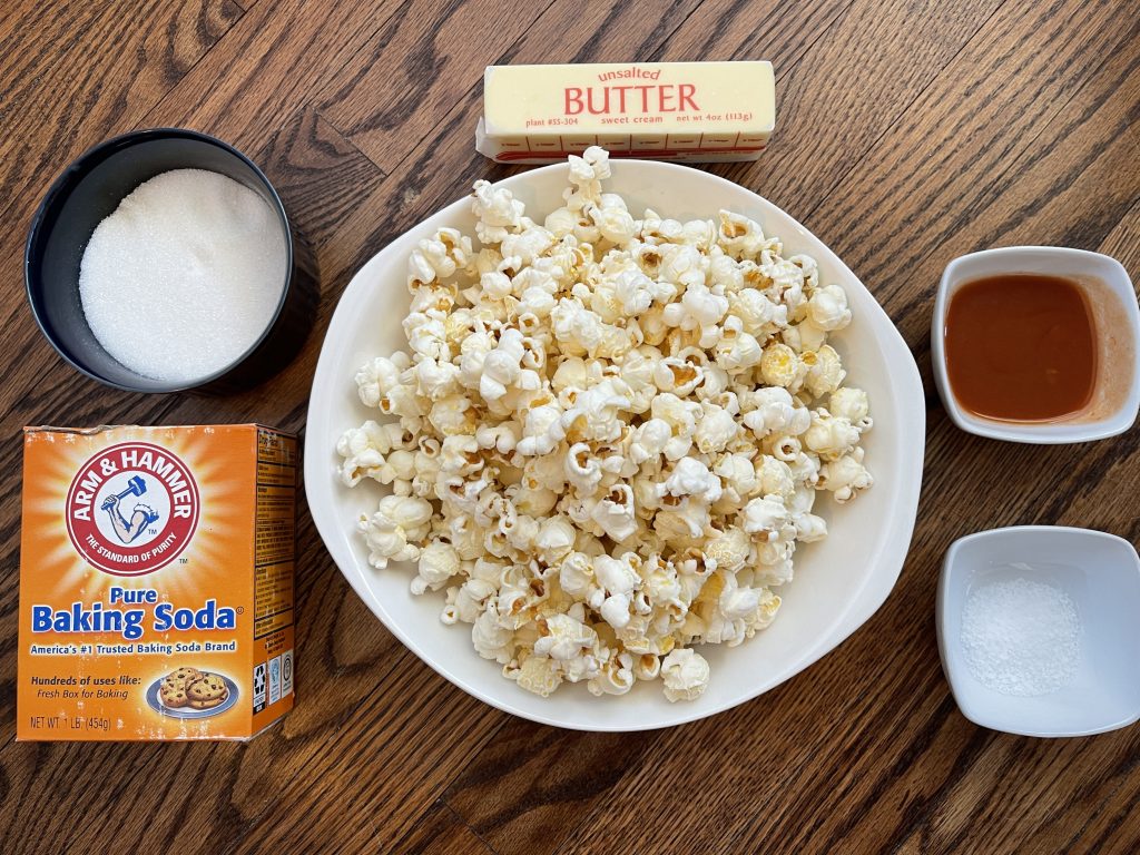 ingredients for the Buffalo Wing Caramel Popcorn - popcorn, Frank's Hot Original, butter, baking soda, sugar, and kosher salt