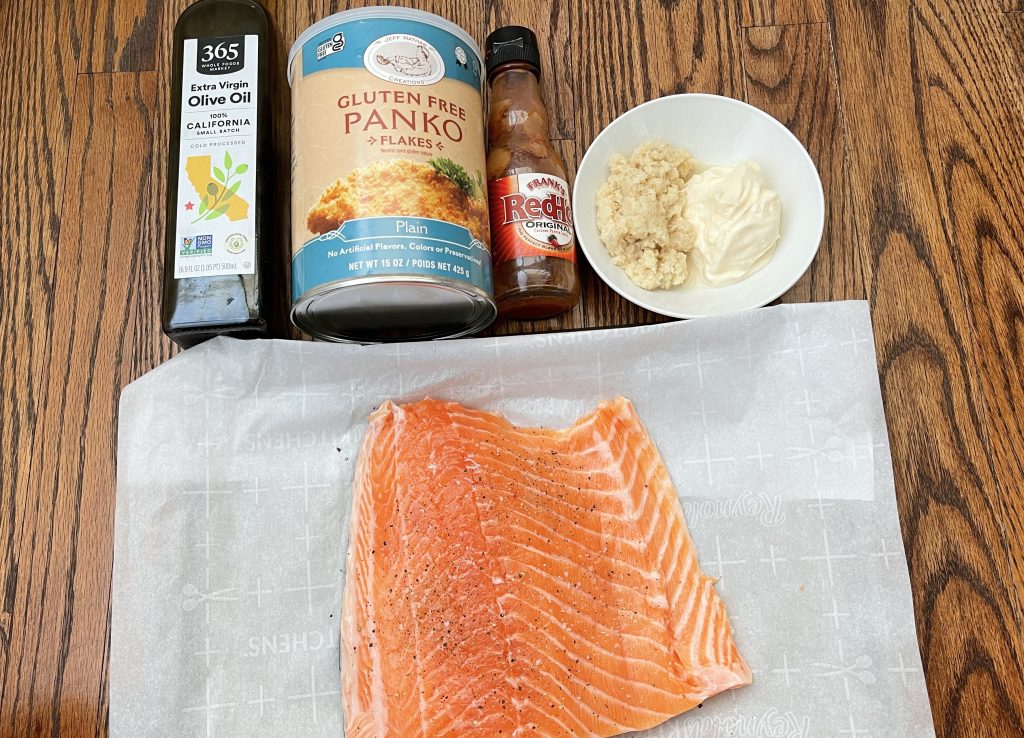 ingredients - salmon, horseradish, mayo, hot sauce, gluten free panko and olive oil