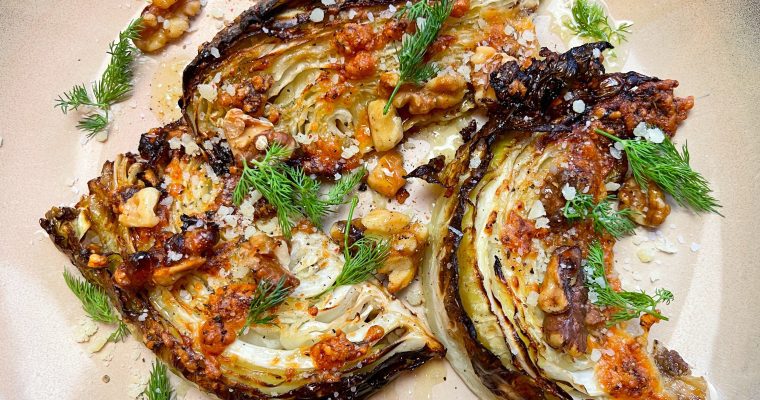 Parmesan Roasted Cabbage with Walnuts