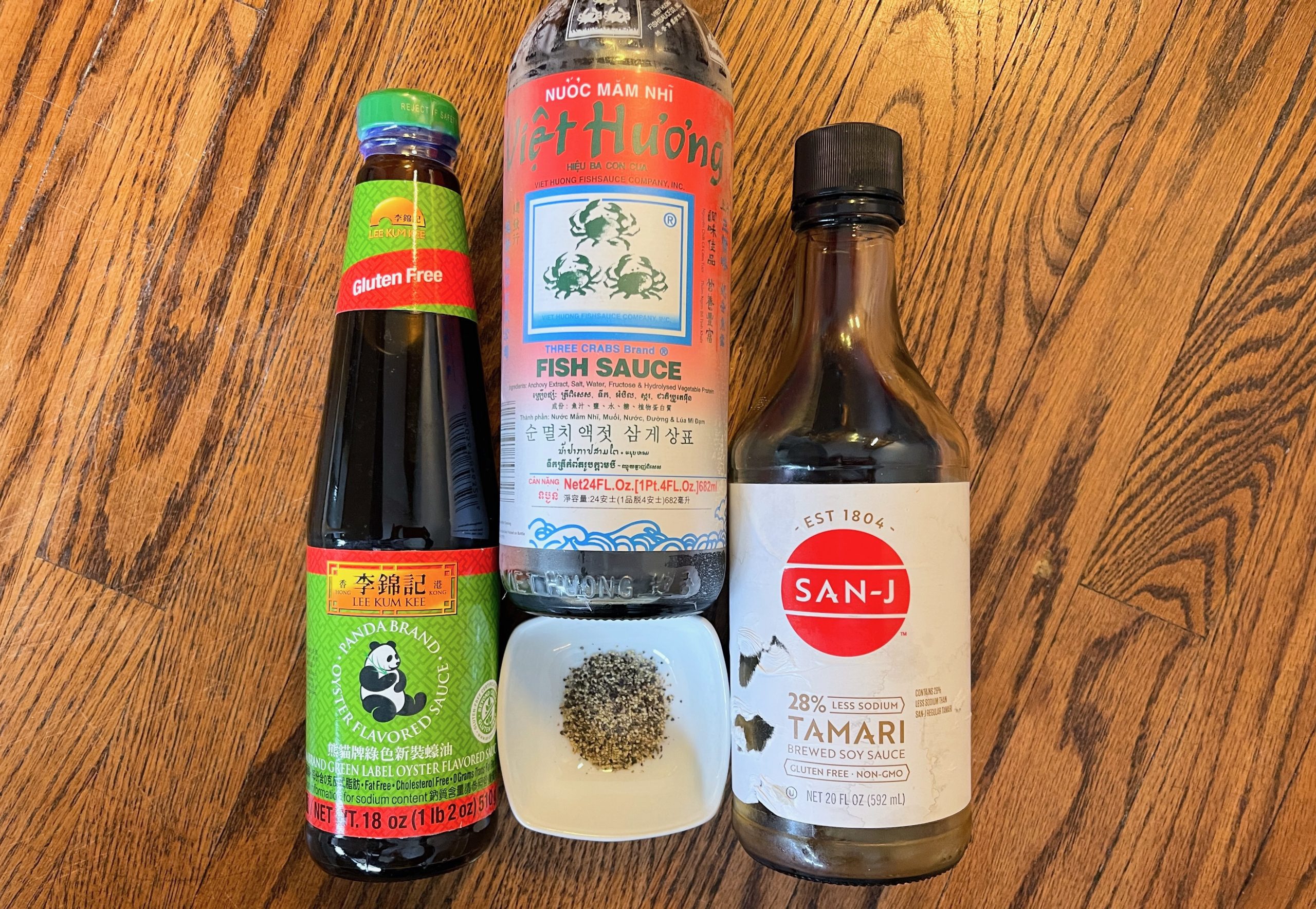 Sauce for Pad See Ew - gluten free oyster sauce, gluten free soy sauce, fish sauce, and black pepper