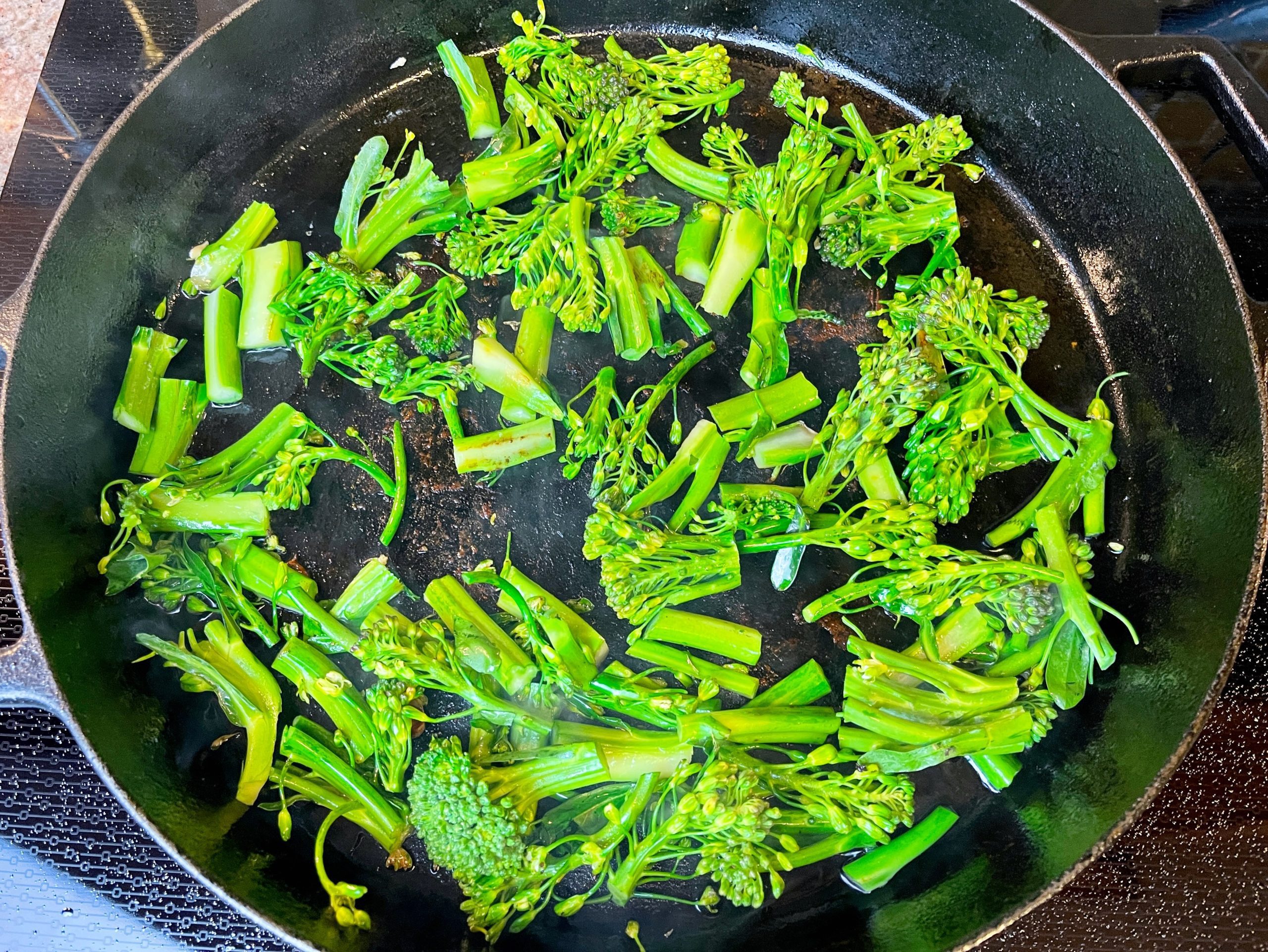 Use the same pan and add additional oil.  Add broccolini to the pan and cook for 2 minutes..