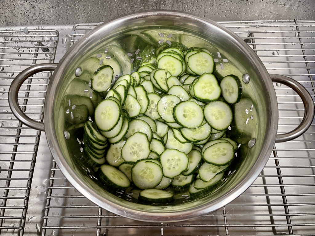 remove cucumbers from the bowl after 15 mins and discard the liquid