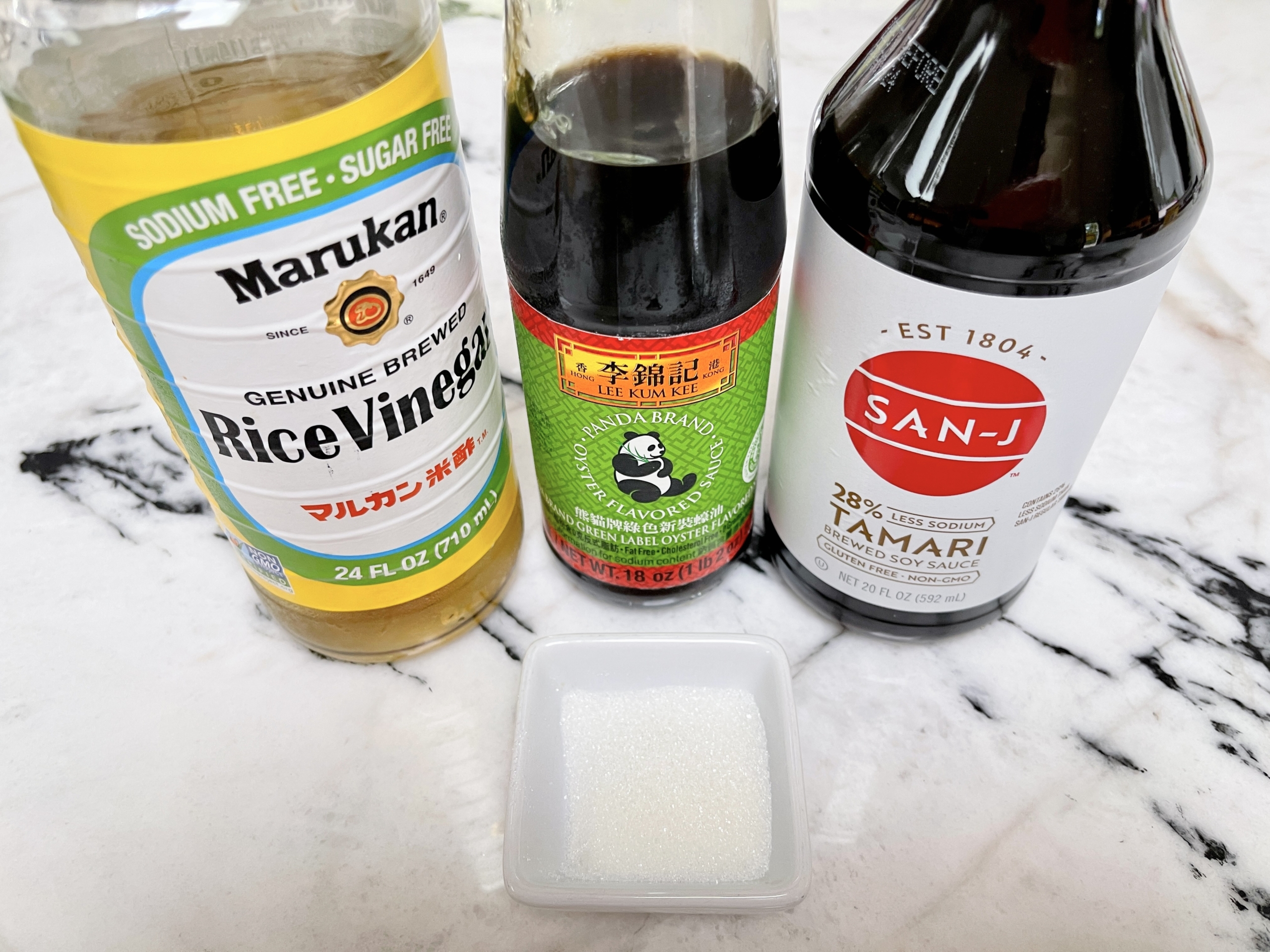 For the sauce - gluten free soy sauce and oyster sauce, sugar, and rice vinegar