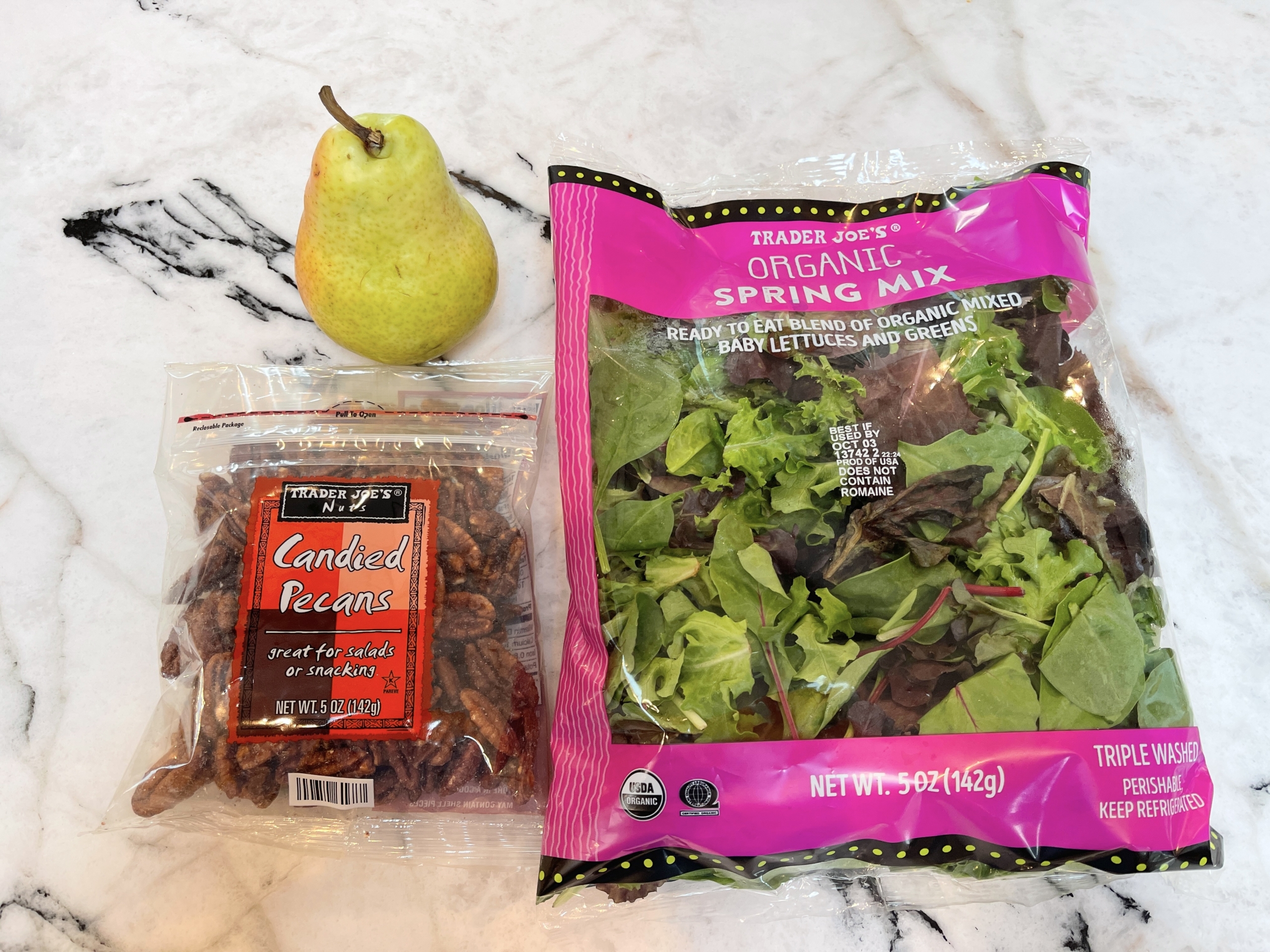 salad ingredients - mixed field greens, fresh pear, Trader Joe's candied pecans, optional goat or blue cheese