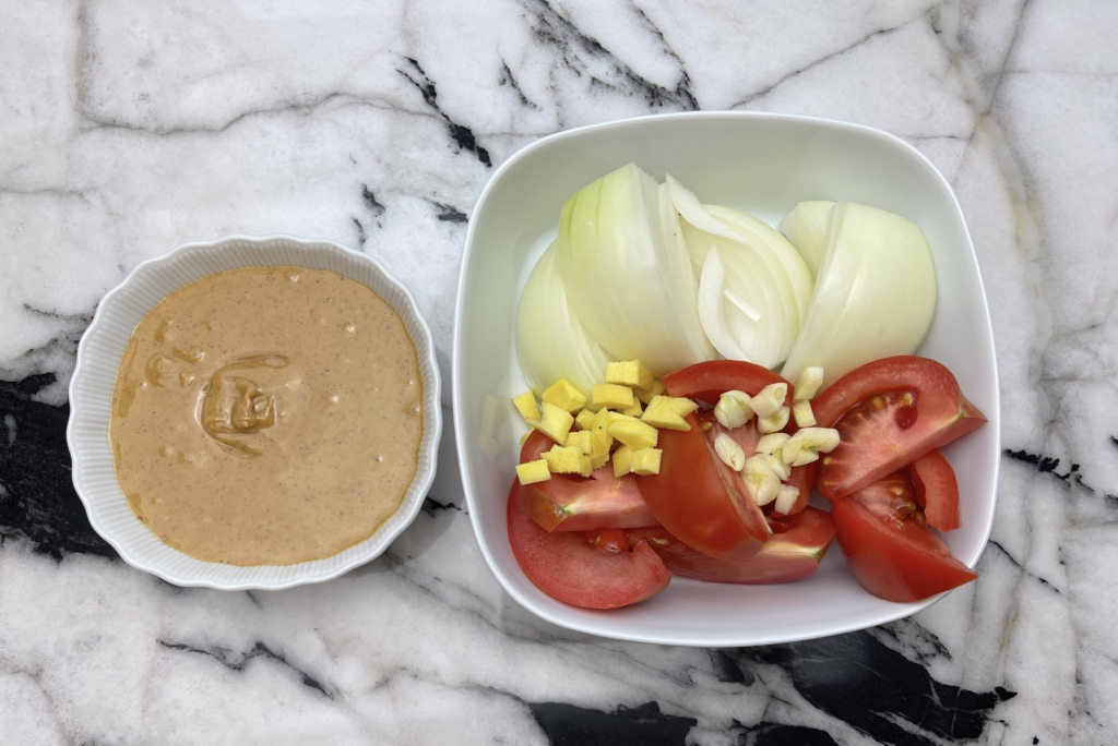 Peanut Butter, tomato and onion wedges, garlic, and ginger