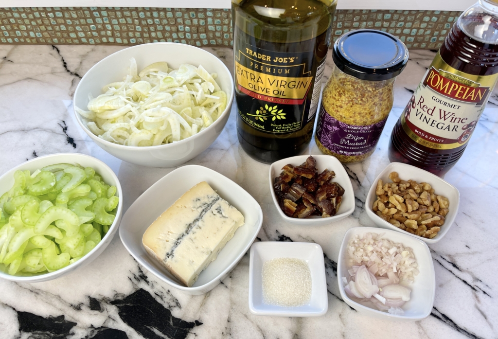 ingredients - fennel, celery, blue cheese, walnuts, shallots, sugar, figs, olive oil, grainy mustard, and sherry or red wine vinegar