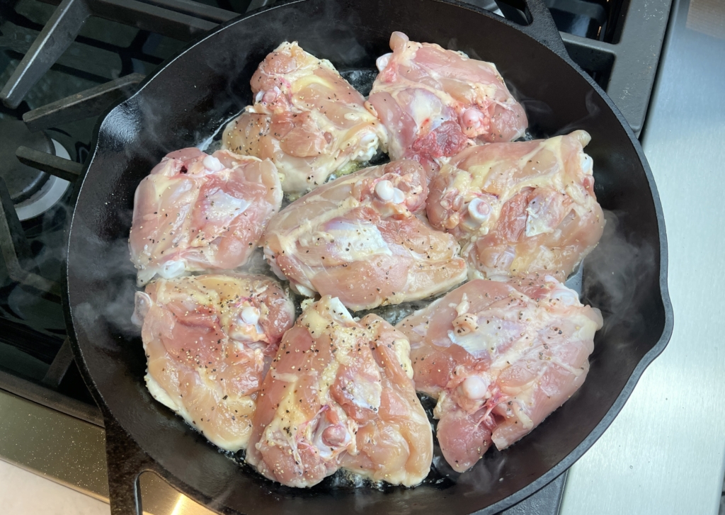 place chicken skin-side down in pan and cook for 15 mins