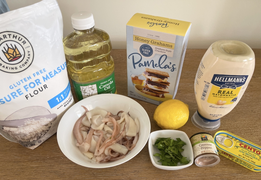 ingredients - for the hot aioli:  mayo, anchovies, lemon juice, parsley, and cayenne.  And for the calamari: gluten free graham crackers and flour, neutral oil, and calamari