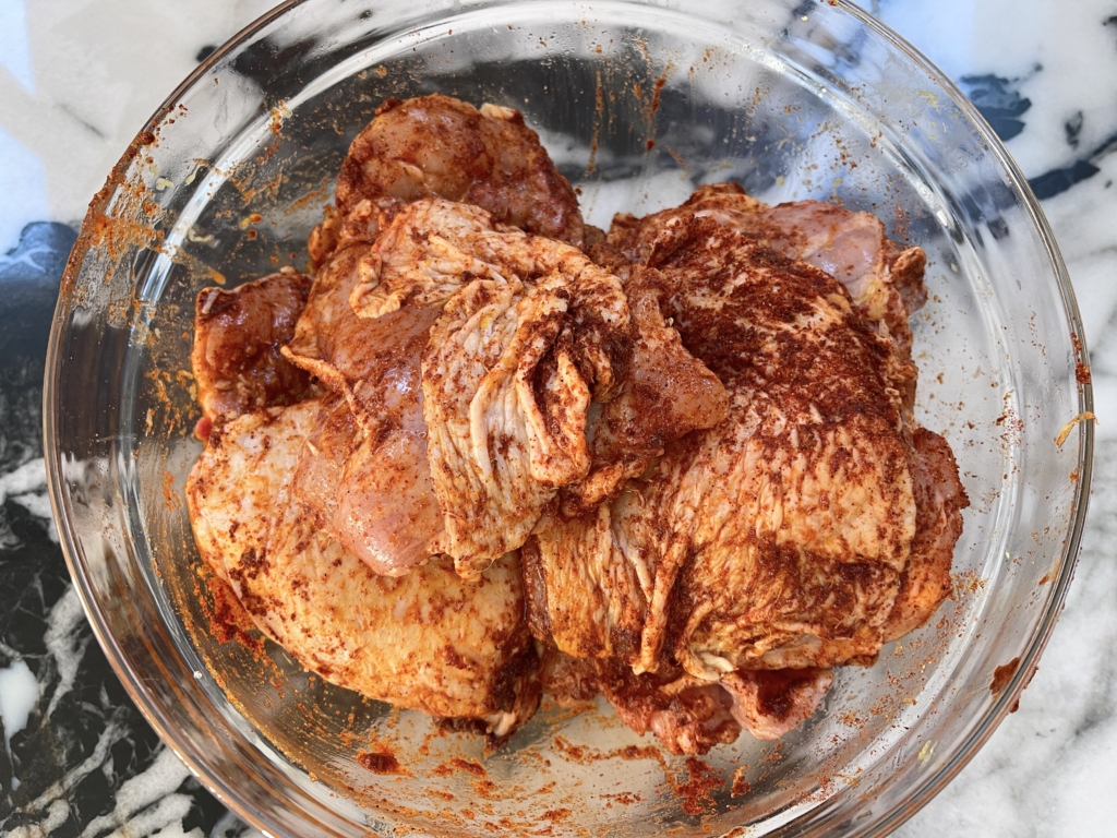 Then salt and add 4 tablespoons of the bbq seasoning and toss to coat thoroughly. Let marinate for up to 2 hours.