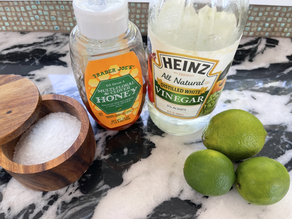 dressing ingredients: white wine vinegar, honey, lime juice and salt