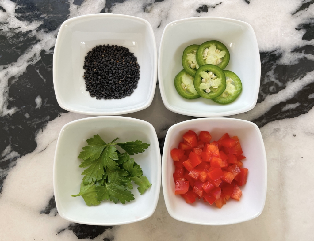sample finishers: diced pepper (any color), jalapeño, parsley or cilantro leaves, and black sesame seeds
