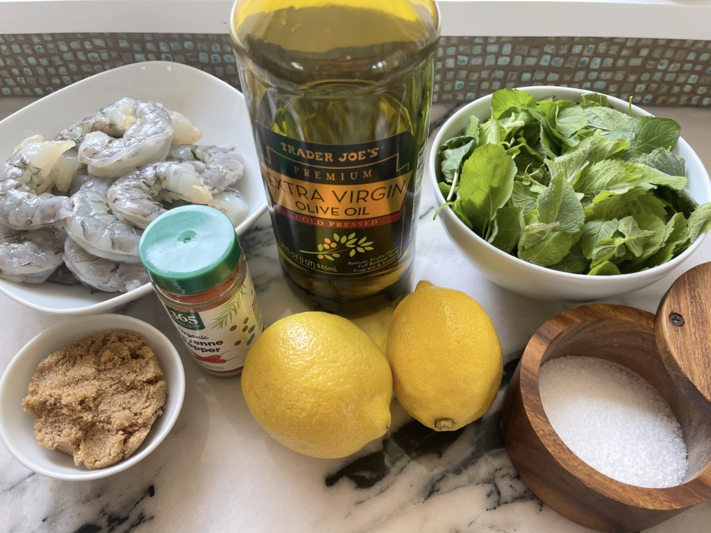 Ingredients - light brown sugar, lemon juice and zest, olive oil, cayenne, kosher salt, U8-12 large raw shrimp and fresh mint
