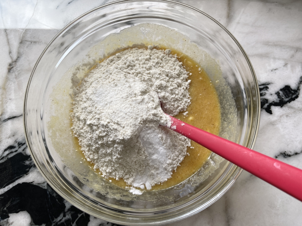 Then add the dry ingredients - gluten free flour, baking soda, and kosher salt.