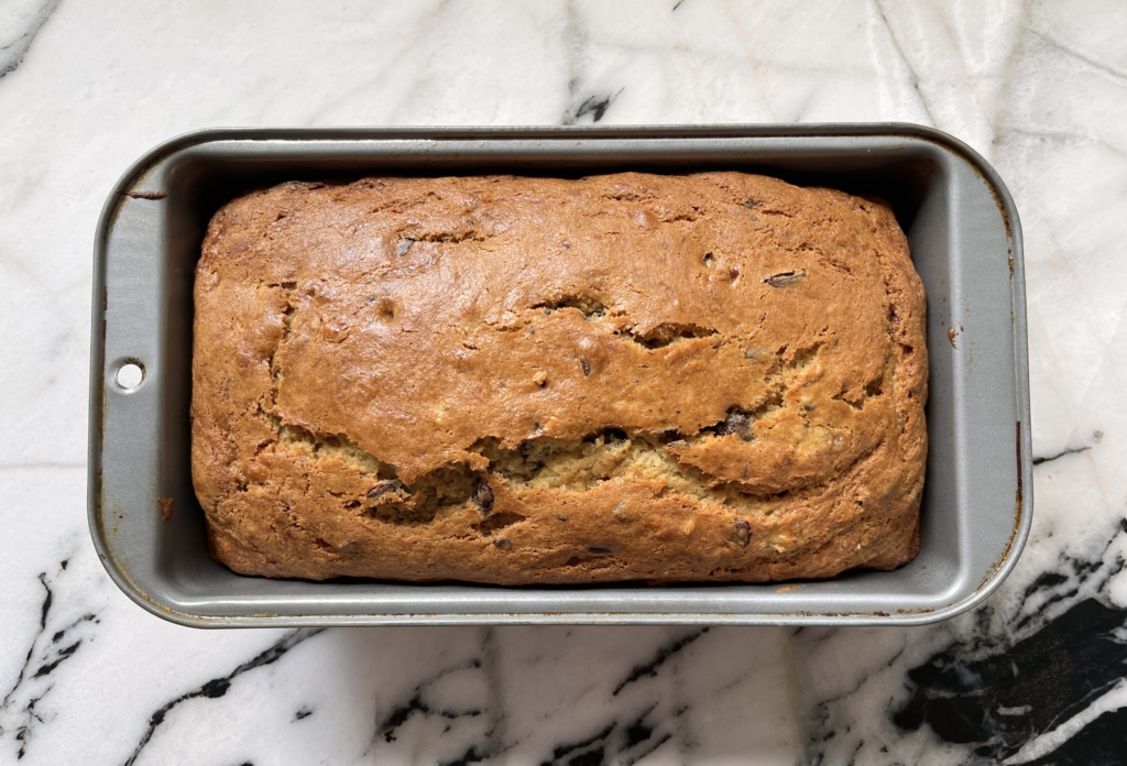 Bake the Chocolatey Browned Butter Banana Bread for one hour, until toothpick comes out clean.