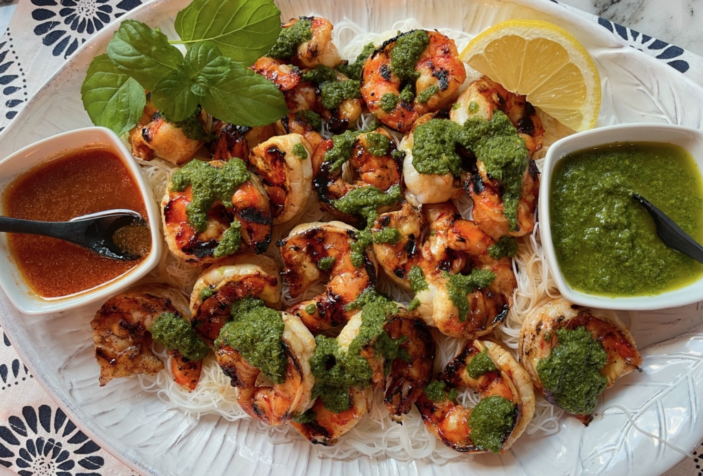 Sweet and Zingy Grilled Shrimp with Fresh Mint Sauce