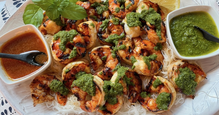 Zingy Brown Sugar Grilled Shrimp with Fresh Mint Sauce