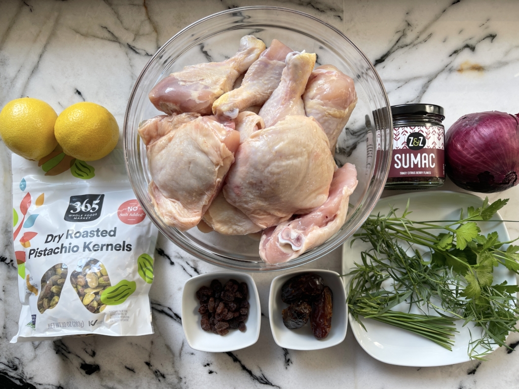 Organize all ingredients - chicken, lemon zest and juice, sumac, onions, dates, raisins, and fresh herbs