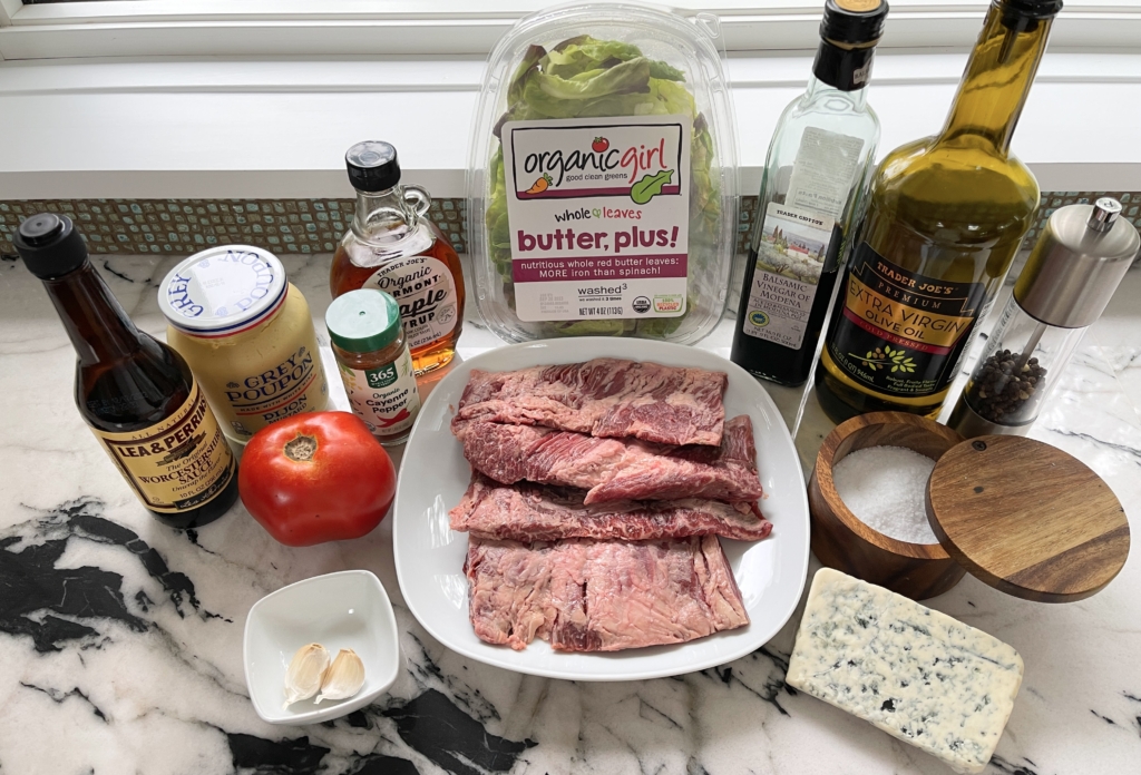 Ingredients - skirt steak, danish blue cheese, tomato, dijon mustard, balsamic vinegar, olive oil, maple syrup, cayenne pepper, lettuce and worcestershire.