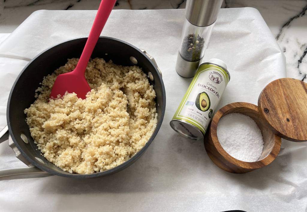 Ingredients for Quinoa Crunch - cooked quinoa, avocado or olive oil, kosher salt and pepper