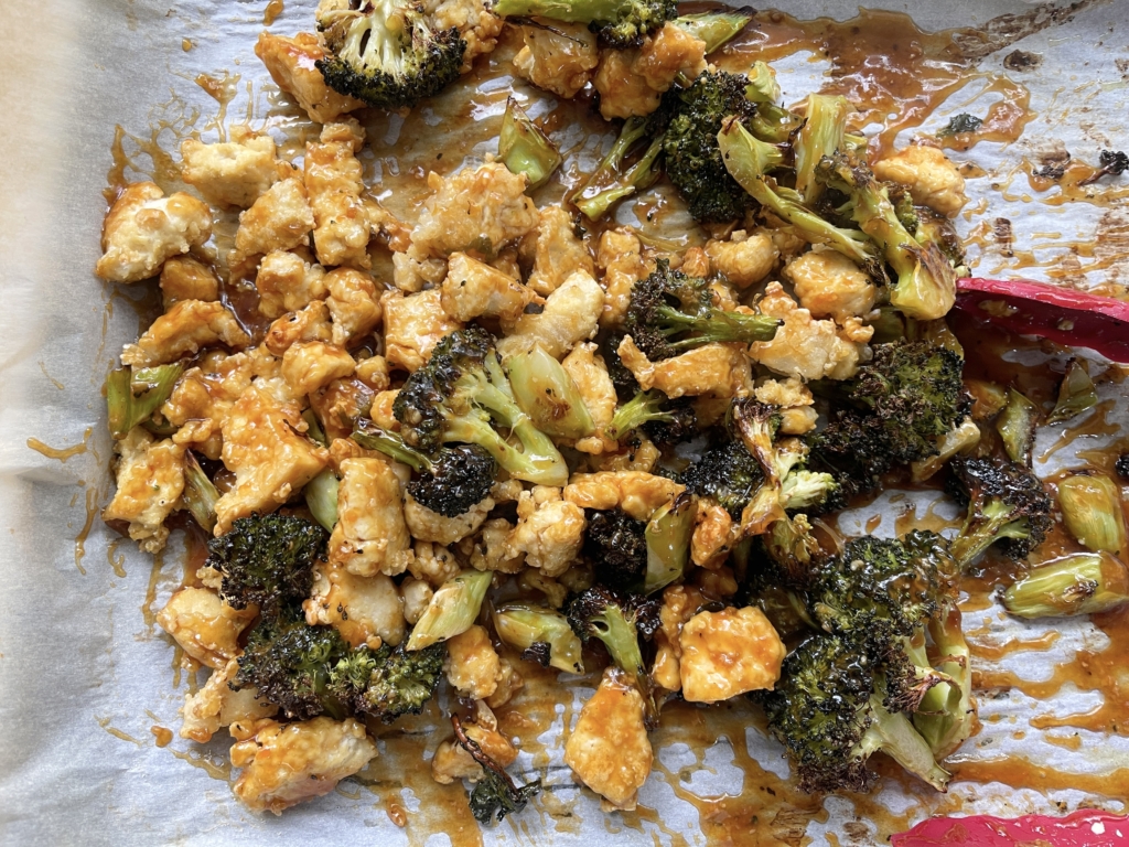 Mix tofu and broccoli with the glaze