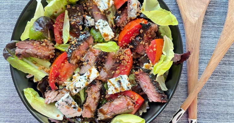 Black and Blue Steak Salad with Quinoa Crunchies