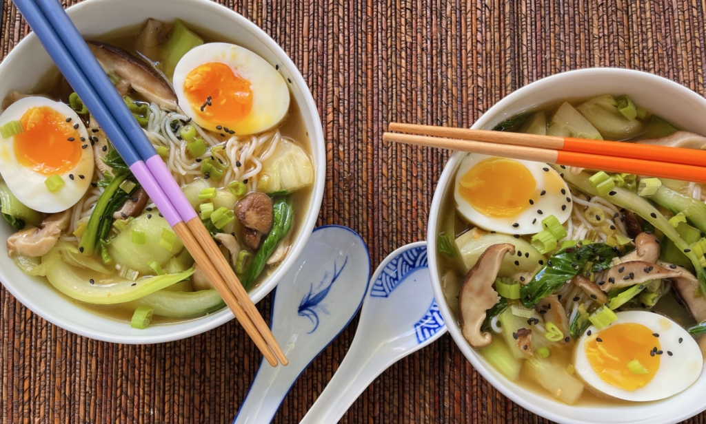 Noodle Soup with Bok Choy, Shiitakes, and Jammy Eggs. Ladle broth and vegetables over the noodles. Gently place the jammy egg halves onto the noodles and sprinkle with black sesame seeds (optional).