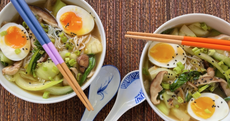 Noodle Soup with Bok Choy, Shiitakes, and Jammy Eggs