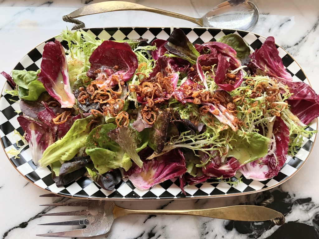 Lettuce Medley with Crispy Shallot Toppers. Transfer salad to a large bowl or platter. Add more dressing, salt and pepper, if necessary, and scatter crispy shallots on top right before serving (to avoid sogginess).