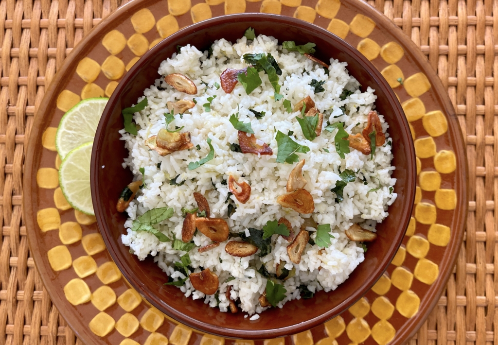 Cilantro Lime Rice with Crispy Garlic Chips Transfer rice to a medium-sized serving bowl and garnish with any leftover (or additioanl) cilantro and garlic chips.