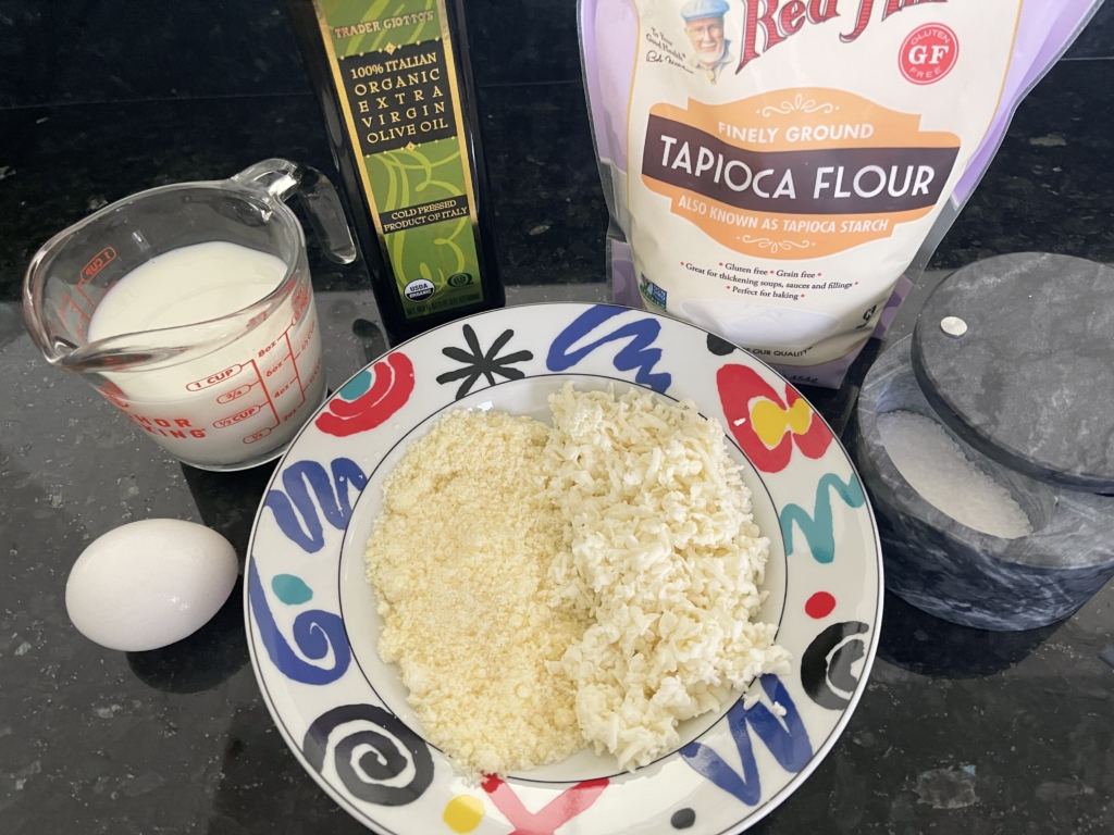 ingredients - whole milk, egg, olive oil, tapioca flour, salt, shredded fresh mozzarella and grated parmesan