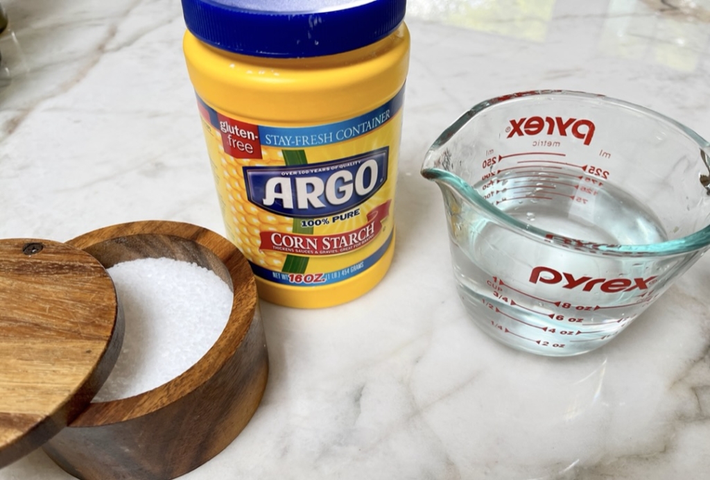 Combine 1/2 teaspoon each of kosher salt and cornstarch with 2 cups cold water in a microwave safe bowl or measuring cup. Heat mixture covered with a paper or cloth towel in a microwave on High for 4 minutes. Set aside.