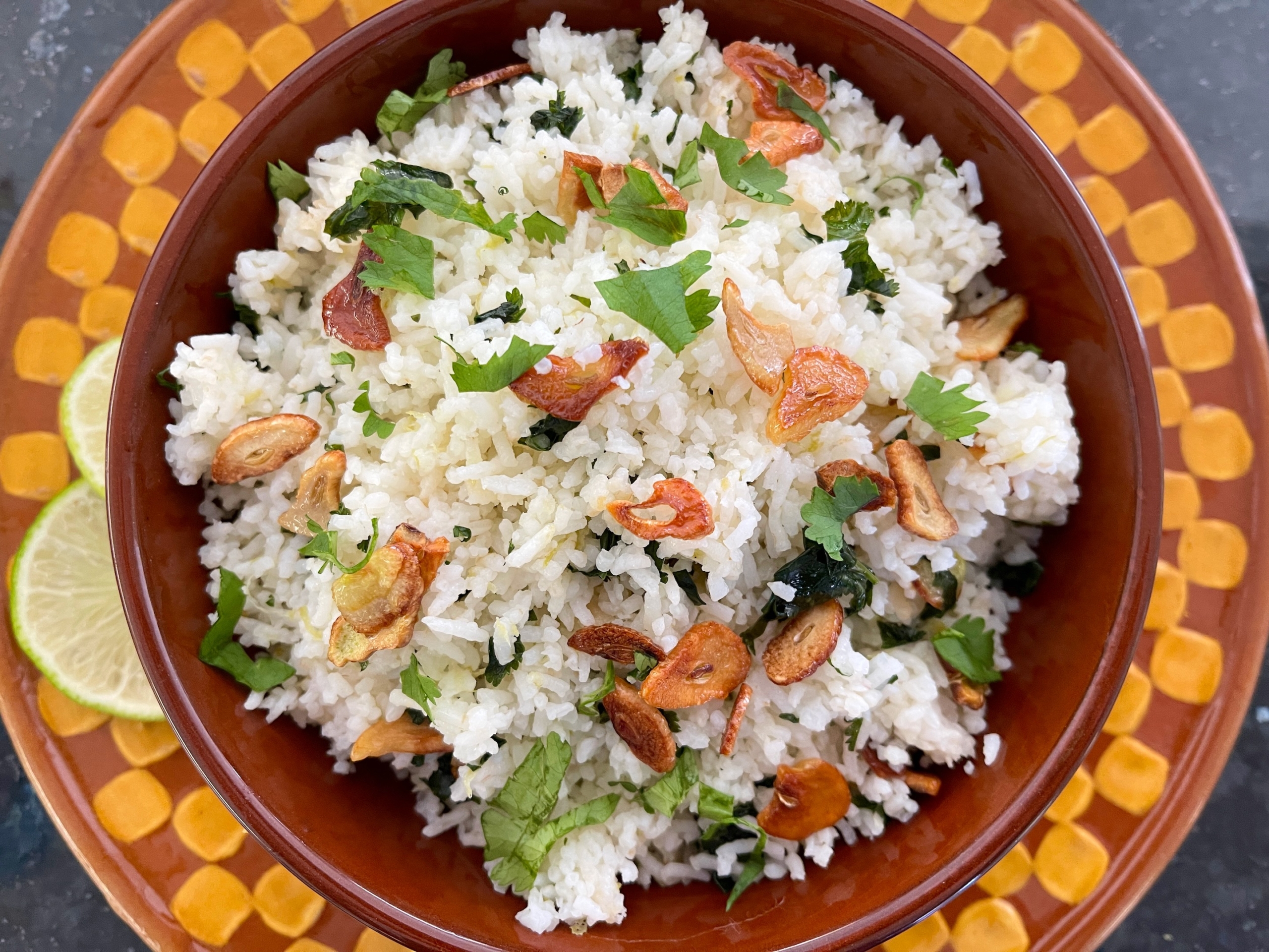Cilantro Lime Rice with Crispy Garlic Chips