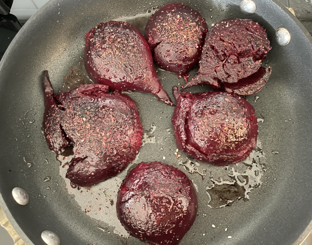 Flip beets over and cook for an additional 4 mins, until the beets have fully browned, 8 mins total
