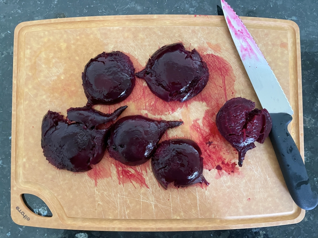 The beets I used were large so I cut them in half and crushed them with a bowl.