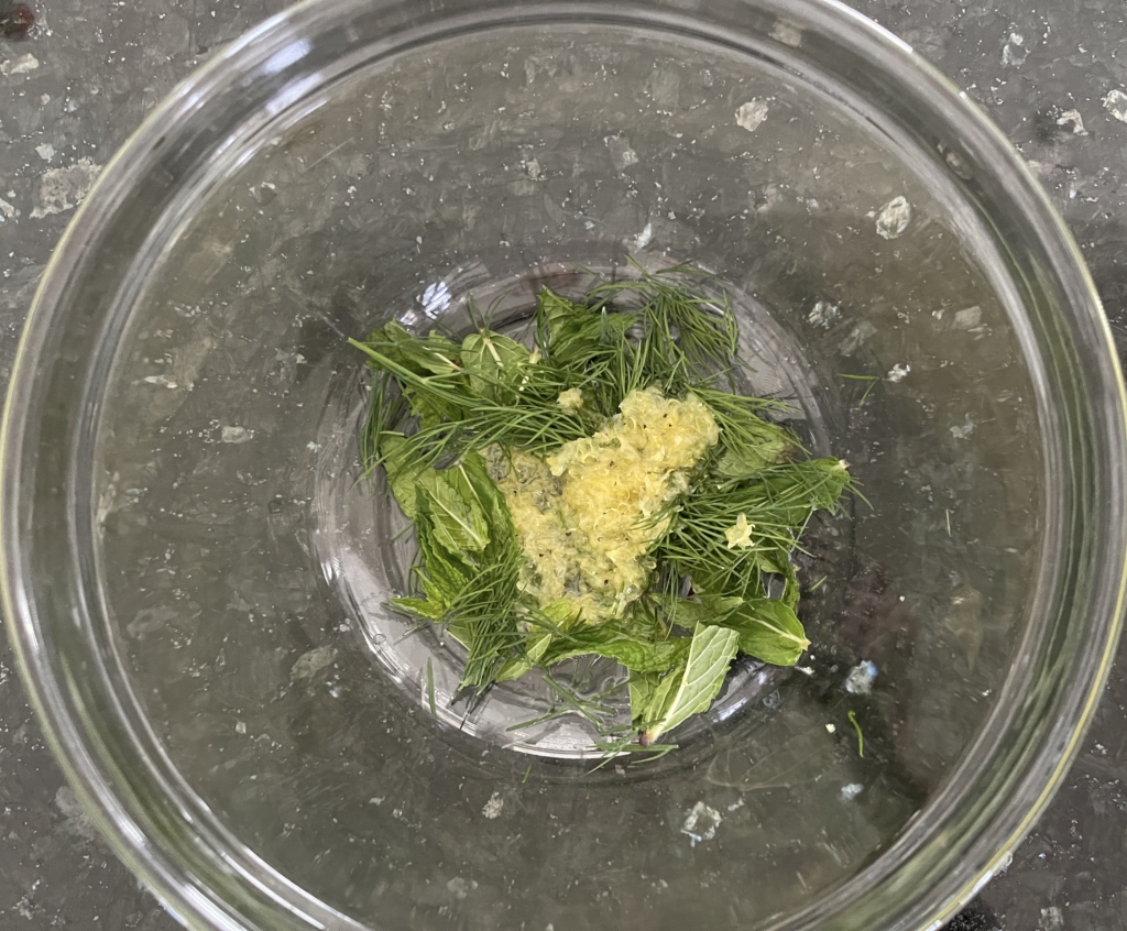 Place the lemon vinaigrette in a large bowl and add the dill and mint to the vinaigrette