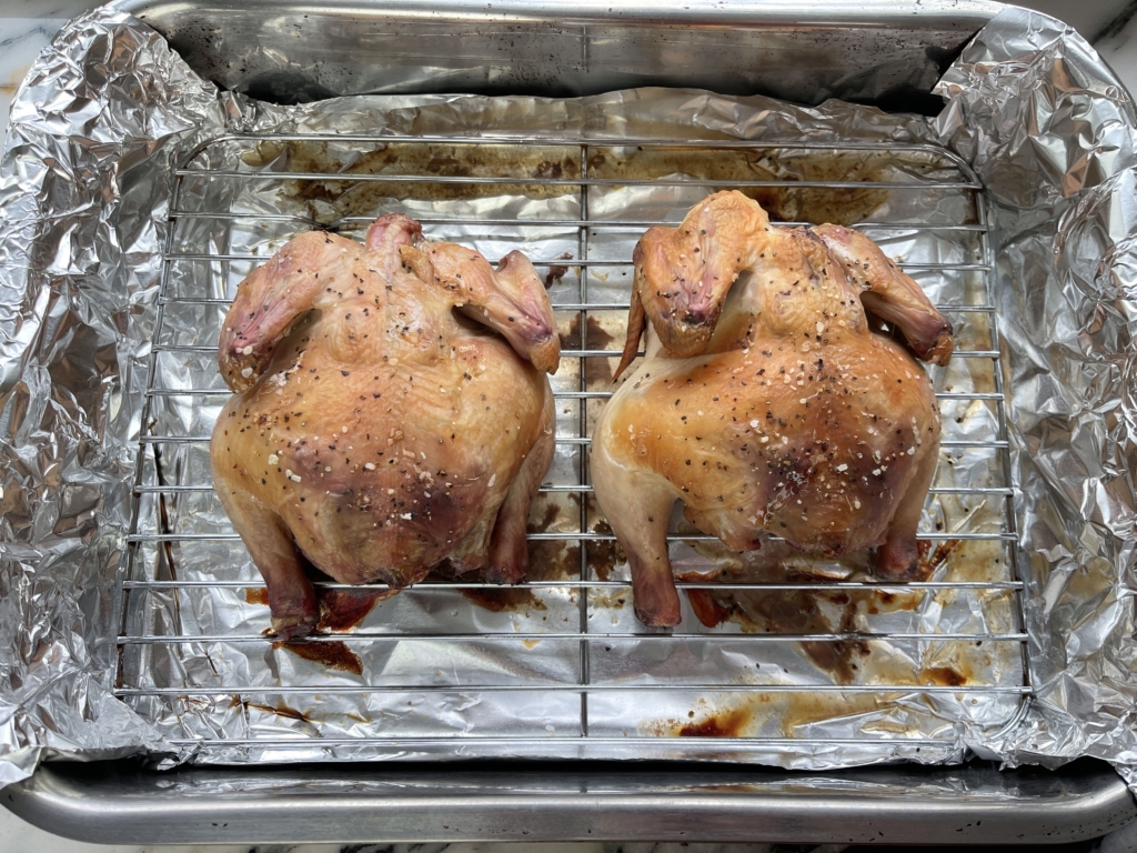 Transfer the pan to the middle rack in the oven and cook for 50 minutes undisturbed. The skin will be browned and crispy.