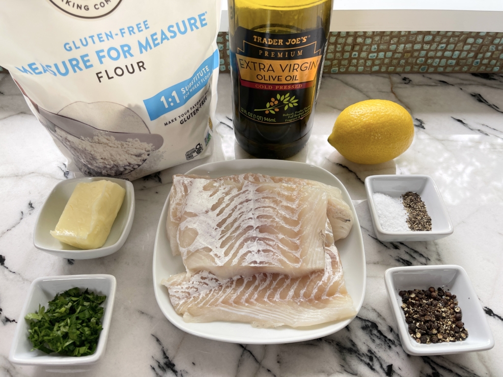 ingredients - fish fillets (cod, haddock, yellowtail, red snapper, talapia, etc,), freshly ground black pepper and coarsely crushed black peppercorns, gluten free flour, kosher salt, olive oil, butter, lemon juice, lemon zest, and chopped parsley