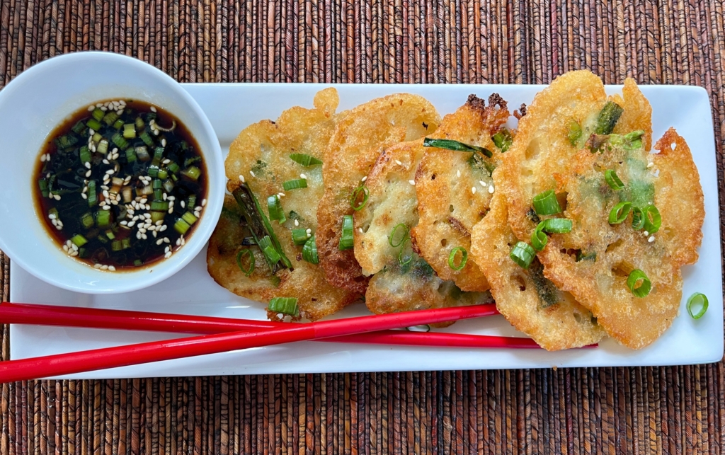 Scallion and Leek Korean Crispy Mini Pancakes Place the pancakes on a plate or platter and serve with the dipping sauce.