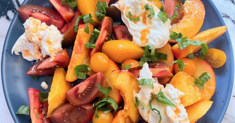 Peach, Tomato, and Burrata Salad with Hot Honey Dressing