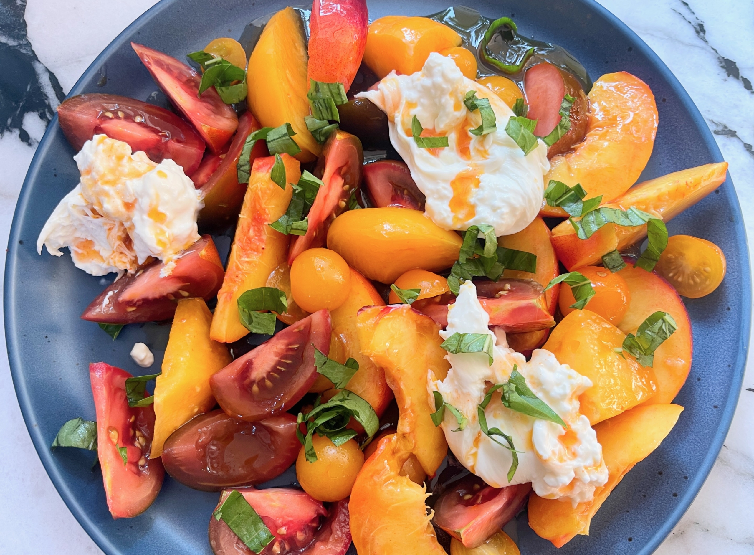 Peach, Tomato, and Burrata Salad with Hot Honey Dressing