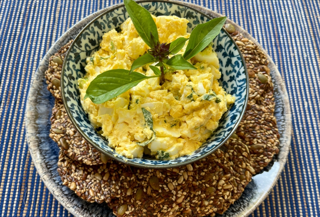 Egg Salad with Asian Flavors
Serve with crackers, sliced veggies, lettuce cups or toasted gf bread and enjoy.