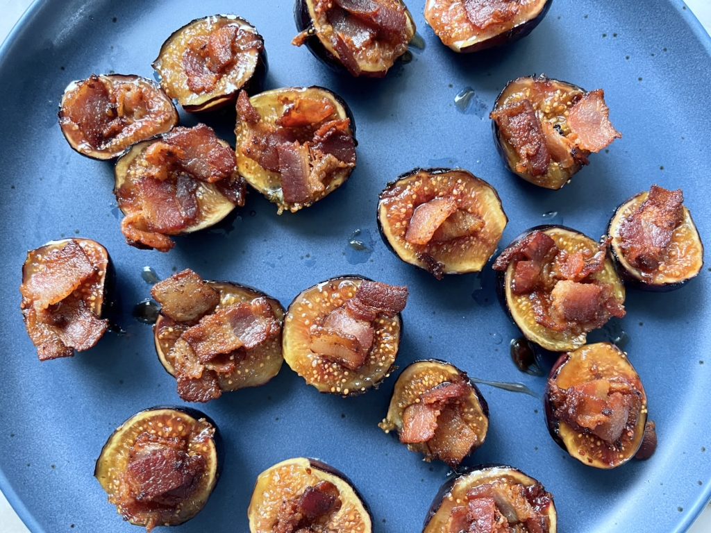 Press a few bacon pieces onto each fig