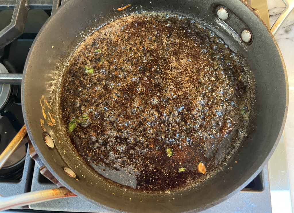 Using the same pan add the gluten free soy sauce, sesame oil, brown sugar and black pepper and cook over medium to medium-low heat. 