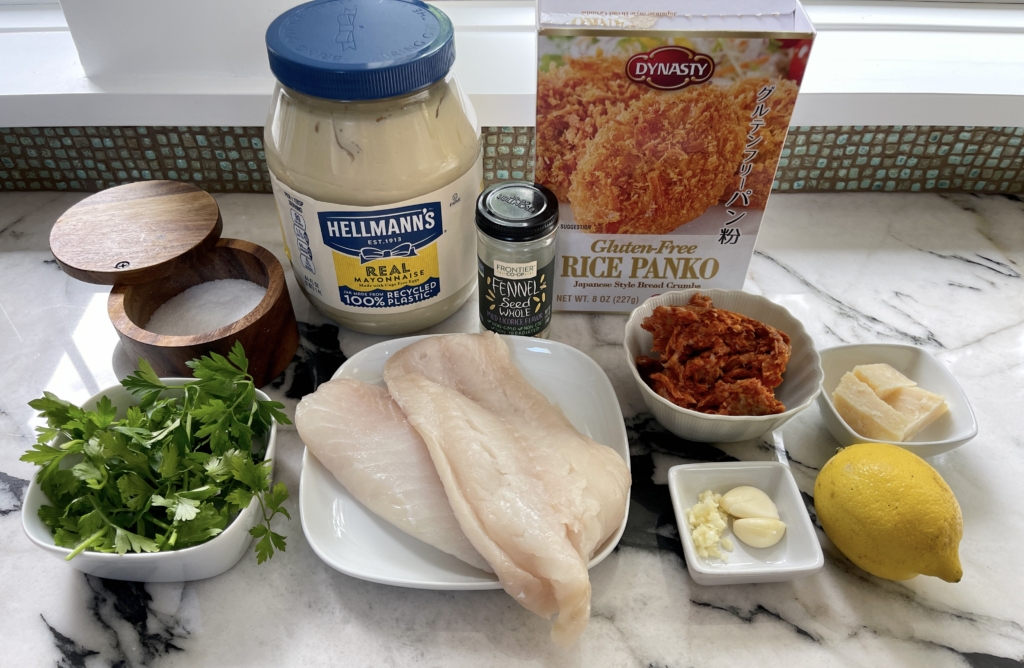 ingredients - cod fillets, chorizo, parmesan, fennel seeds, lemon zest, garlic, kosher salt, gluten free panko crumbs, parsley, olive oil, and mayonnaise.