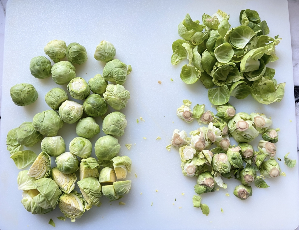 Trim ends and remove any discolored outer leaves. Cut larger brussels sprouts in half or quarters depending on their size.