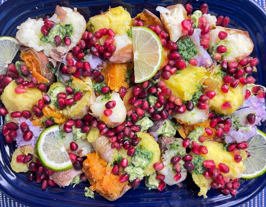 Potatoes with Chile-Lime Butter Assembly Step 2: Top with pomegranate seeds, squeeze lime juice over, and sprinkle with sea salt. Then serve immediately.