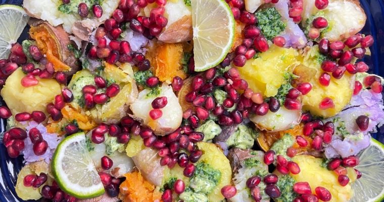 Multi-Colored Potatoes with Chili-Lime Butter and Pomegranates